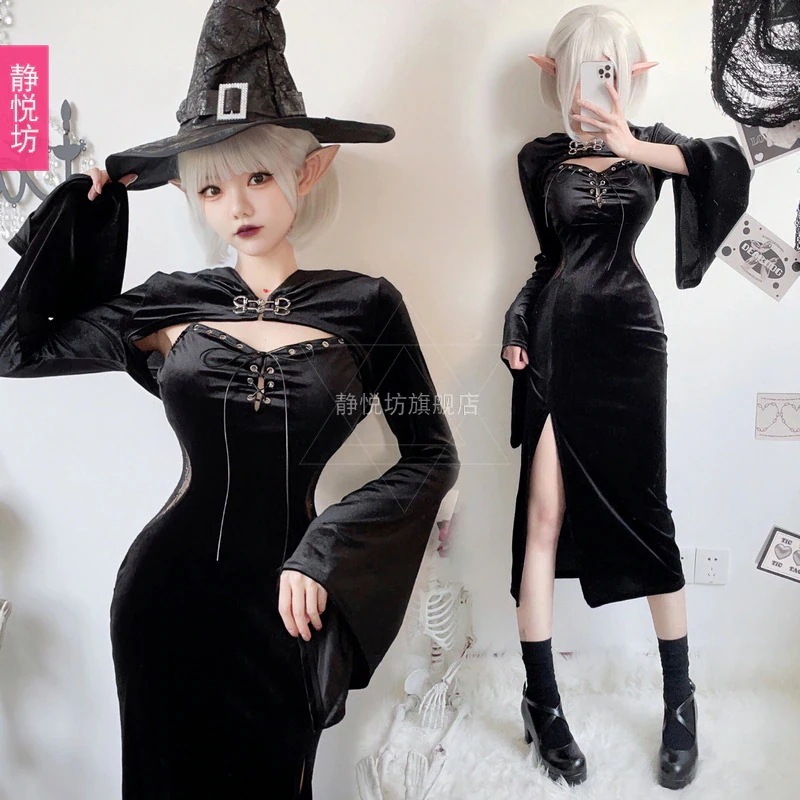 欧米風ダークゴシック衣装黒ロング魔女吸血鬼花嫁衣装