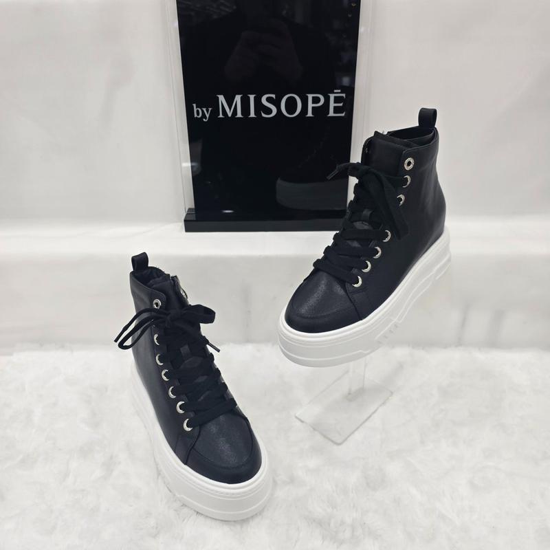 By 女性 レースアップ ハイトップ スニーカー 112HT346YT030 BLACK 1 JJ