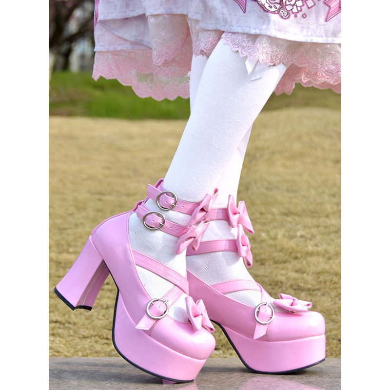 甘いロリータパンプスピンクの弓ハイヒールプラットフォームPUレザーロリータ靴