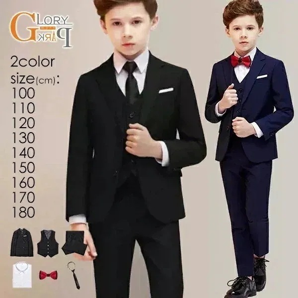 子供スーツ 卒業式 演奏会 結婚式 フォーマル キッズスーツ タキシード ジュニア 七五三 ピアノ発表会 入学式 制服 入園式 6点セットブラック ブルー 男の子 靴追加可 100 110 120 1