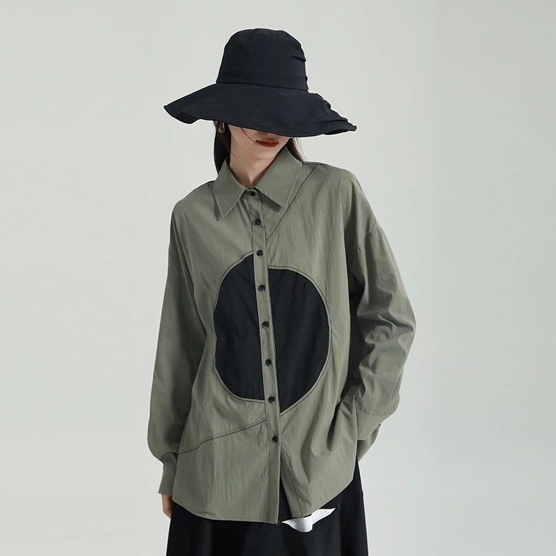 春 レディースシャツ 黒白 非対称 ドッキング レディースブラウス