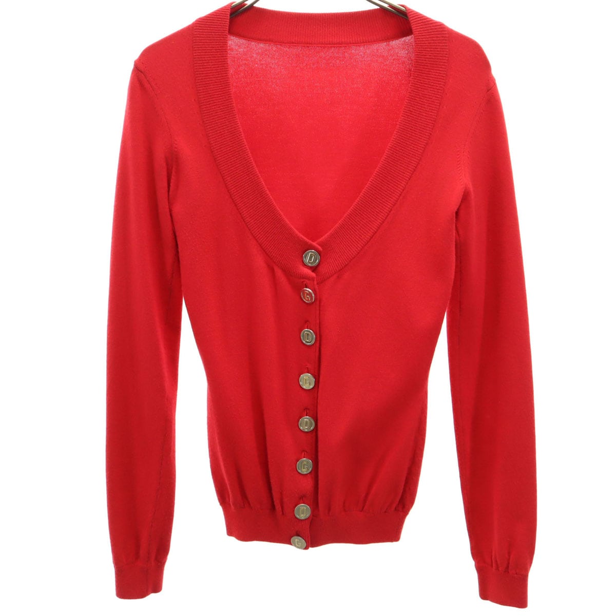 イタリア製 長袖 Vネック ニットカーディガン 38 レッド レディース 古着