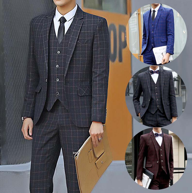 即納 激安 大人気 フォーマルスーツ 結婚式スーツ 韓国風 2点セット ジャケット+パンツ スーツ メンズ スリムスーツ シングルスーツ セットアップ カジュアル 通勤 ビジネススーツ チェック柄 入