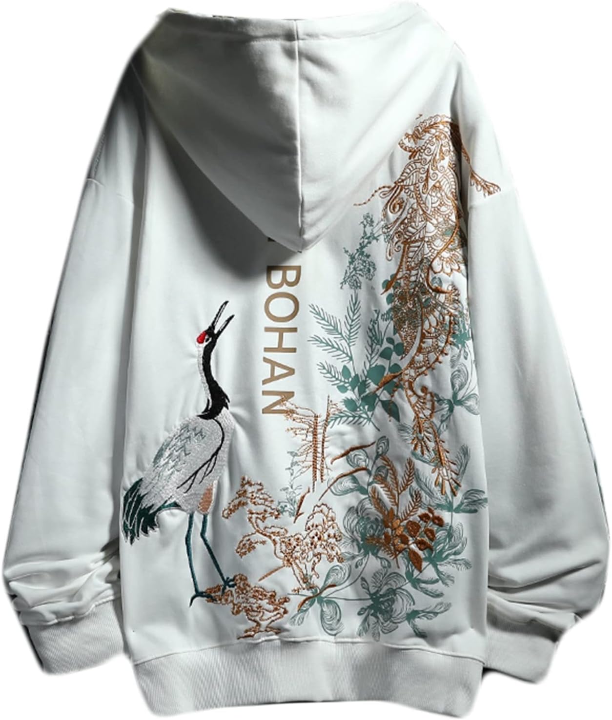 メンズ レディース 長袖 パーカー トレーナー 刺繍 鶴柄 プリント フード付き プルオーバー オーバーサイズ オシャレ 通気性 体型パカー トップス 肌触りがいい 柔らかい 丈長め カジュアル カッ