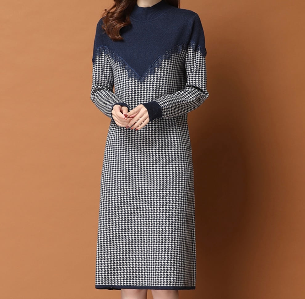 レディース ワンピース 膝丈 ひざ丈 長袖 ラウンドネック ストレート 伸縮性 ニット かわいい