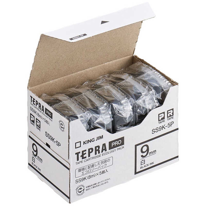 キングジム　白ラベルテープ テプラPRO(黒文字/9mm幅5個パック)　SS9K‐5P (白)