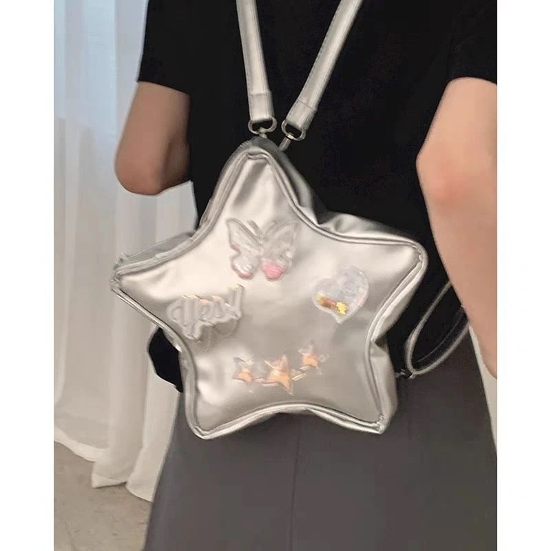シルバーの星のバッグ女性の痛みバッグ23新型クール両肩バッグキラキラペンタゴンドーパミン斜めショルダーバッグ
