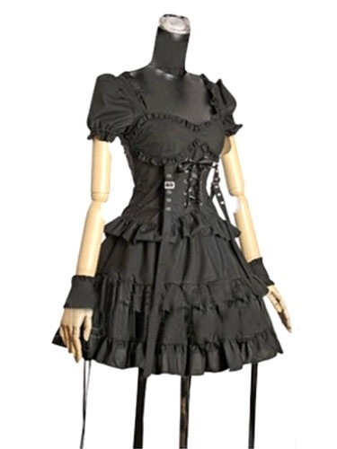 【全店任意2枚購入で100円OFF】軍服ワンピース　ブラック　ゴスロリ　半袖　編み上げ　ロリータ服　ワンピース　ボディコン　ドレス　コットン　ゴシック　カジュアル