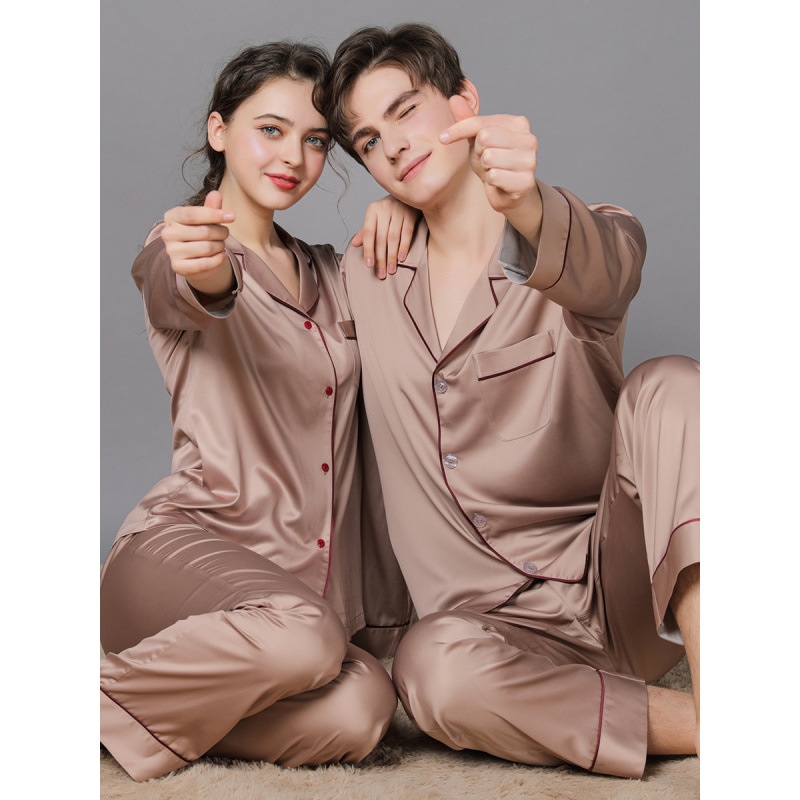 男女兼用プラスサイズシルクパジャマ春夏スタイル薄手春のシルクカップルホームウェア長袖ギフトボックス入り