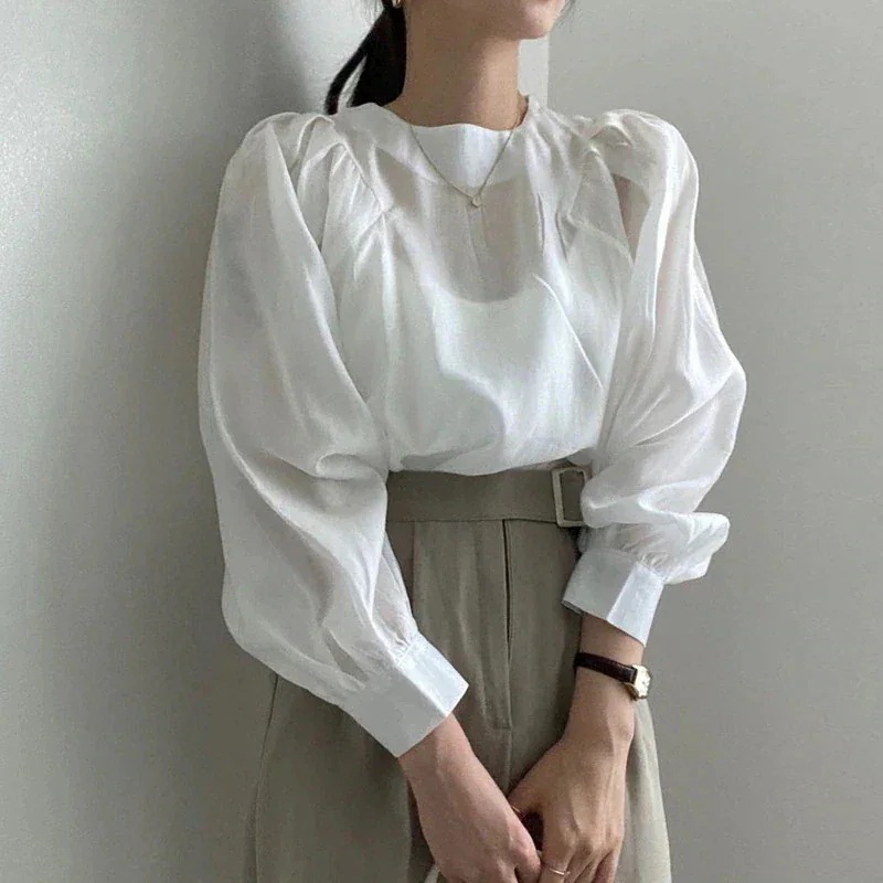 3colors バブル袖長袖ブラウス春春冬先取りブラウス 丸ネック Tシャツ