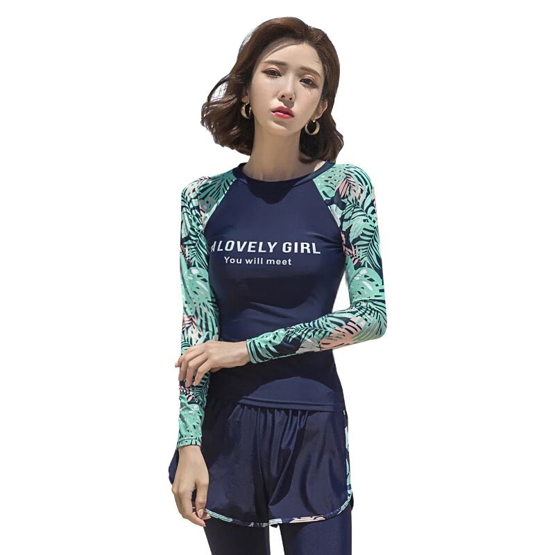 潜水服サーフィン水着女性別体運動控えめ腹部隠し痩せ温泉水着日焼け止め長袖運動長袖3点セット40-60 kg