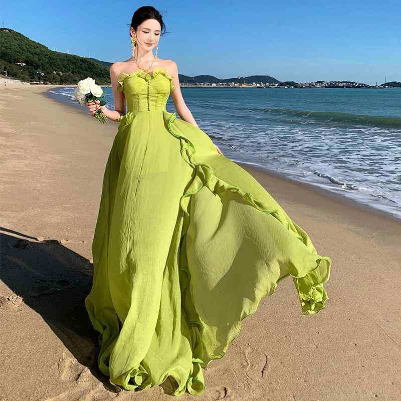 ワンピース フリル チューブトップス ドレス 清楚感 エレガント 無地 リゾート 黄緑 ビーチ レディース 海 バカンス おしゃれ 結婚式 パーティ ナチュラル ナチュラル