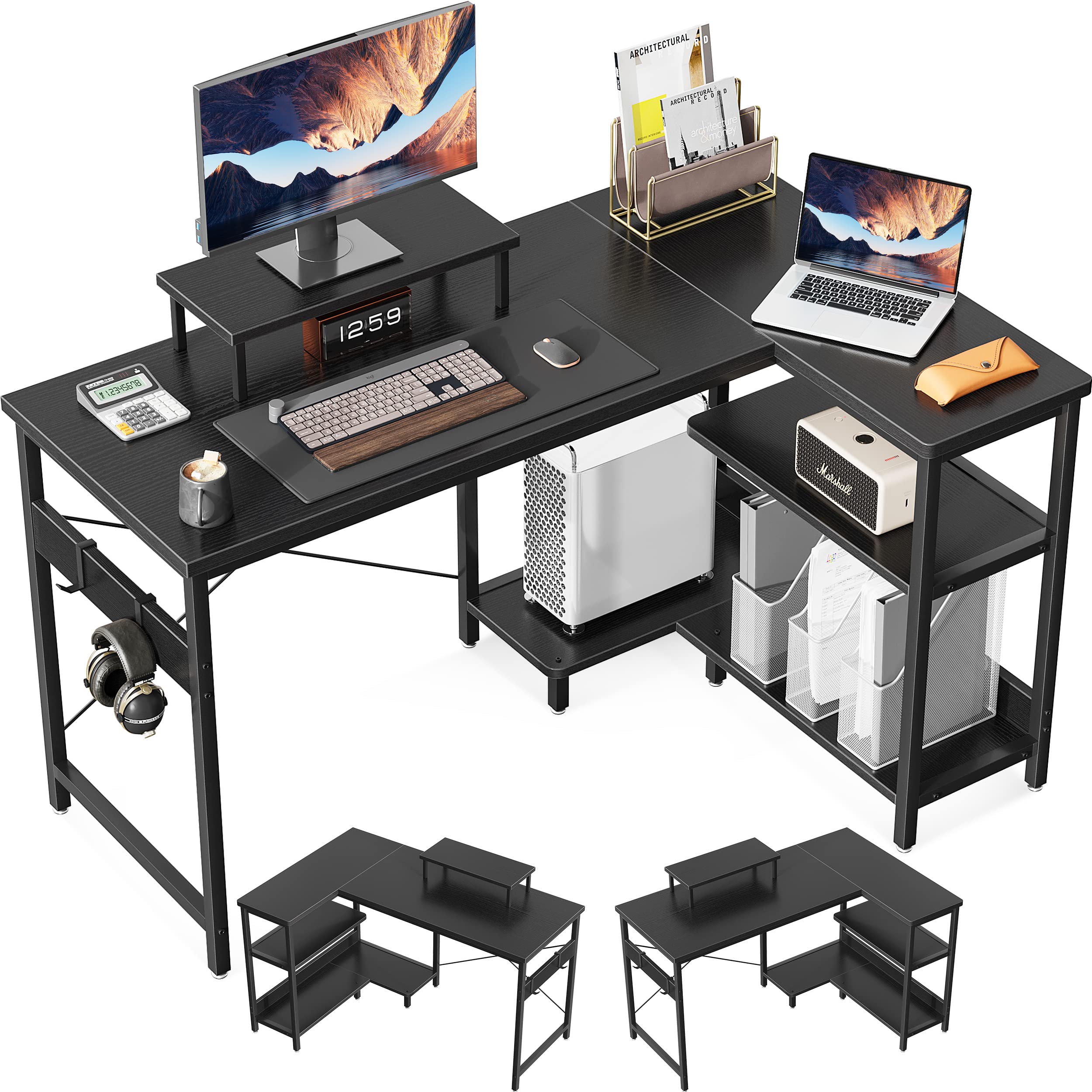 ODK パソコンデスク l字デスク ゲーミングデスク L字型 デスク 机 幅120cm ラック付き pcデスク コーナーデスク 収納 オフィスデスク 在宅勤務 書斎 組立簡単 ブラック