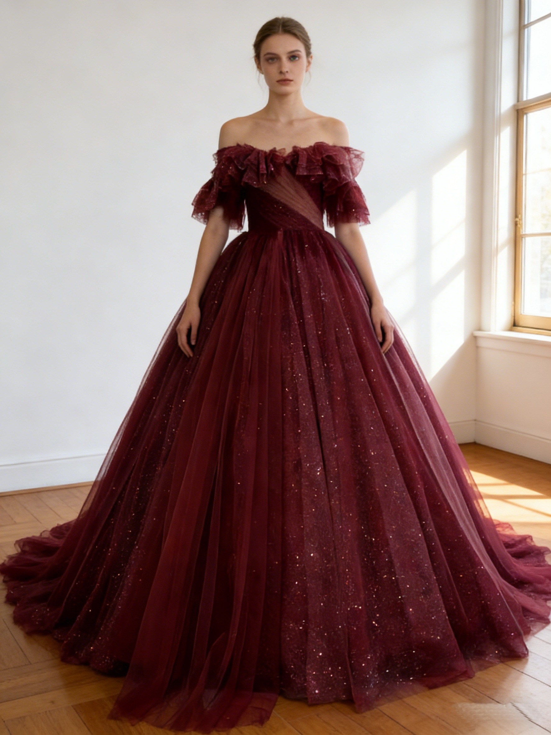 カラードレス ボルドー色 オフショルダー シークインチュール 華やかなトレーン 結婚式
