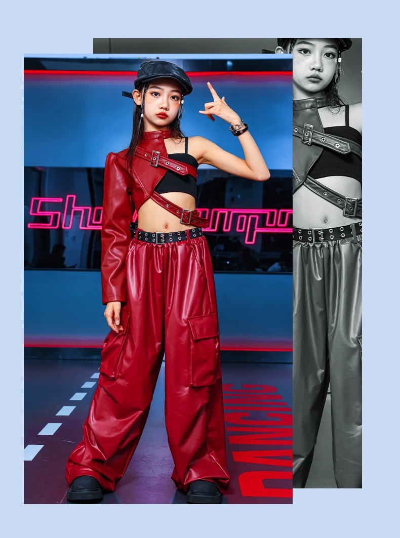 ダンス衣装 ガールズ 衣装 かっこいい 赤 レザー K-POP 韓国 セットアップ へそ出し トップス パンツ スカート 子供ダンス服 ダンスウェア キッズダンス衣装