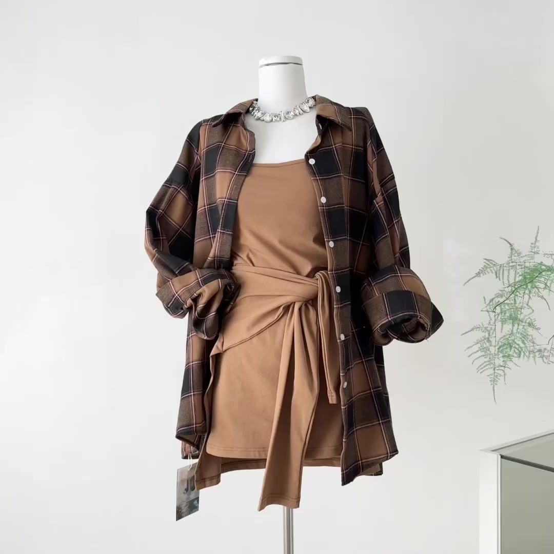 【急速出荷】朝ファッションのデザイン感チェックシャツ＋キャミソールワンピースのセットアップで女痩せ