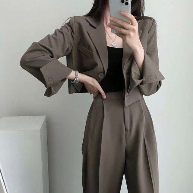 セットアップ レディース アウター ジャケット ボトムス パンツ クロップドジャケット 襟付き ブラウン ベージュ ブラック デート 通勤 通学 旅行 オフィス イベント 休日 パーティー コーデ