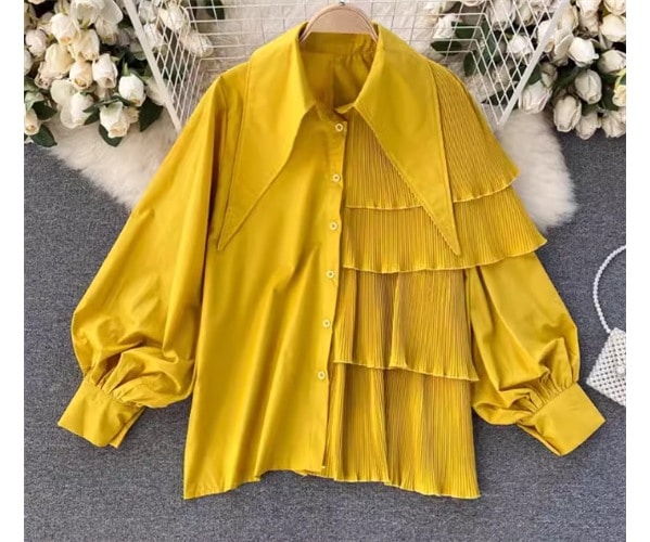 レディース トップス シャツ ミドル丈 長袖 ボリューム袖 襟付き ビッグカラー プリーツ フリル 前開き ボタン かわいい カジュアル おしゃれ ボーイッシュ ルーズ 個性的 クール モダン 存在感