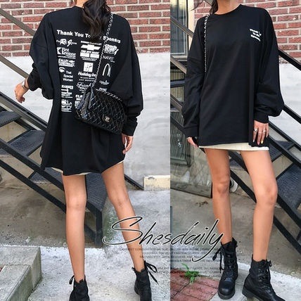 信頼 ロゴ入り レディース オーバーサイズ オルチャン ロングtシャツ オルチャンファッション 3色 韓国ファッション Su13 Tシャツ カットソー カラー ブラック Sha Edu In