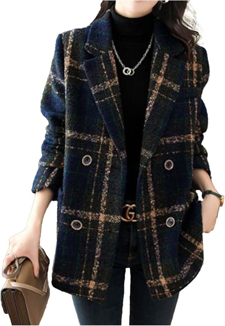 チェックコート チェック柄コート ジャケットコート Pコート レディース( ネイビー, XL)