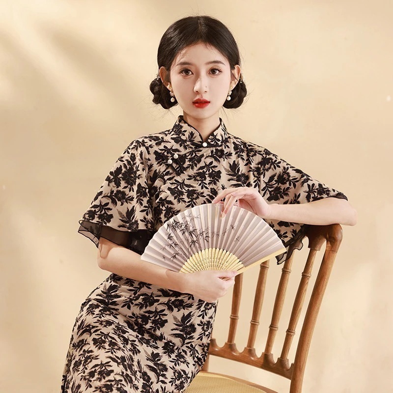 2024春夏改良チャイナドレスヤングスタイルミディアムロングラージスリーブ新風レトロデイリーレディース