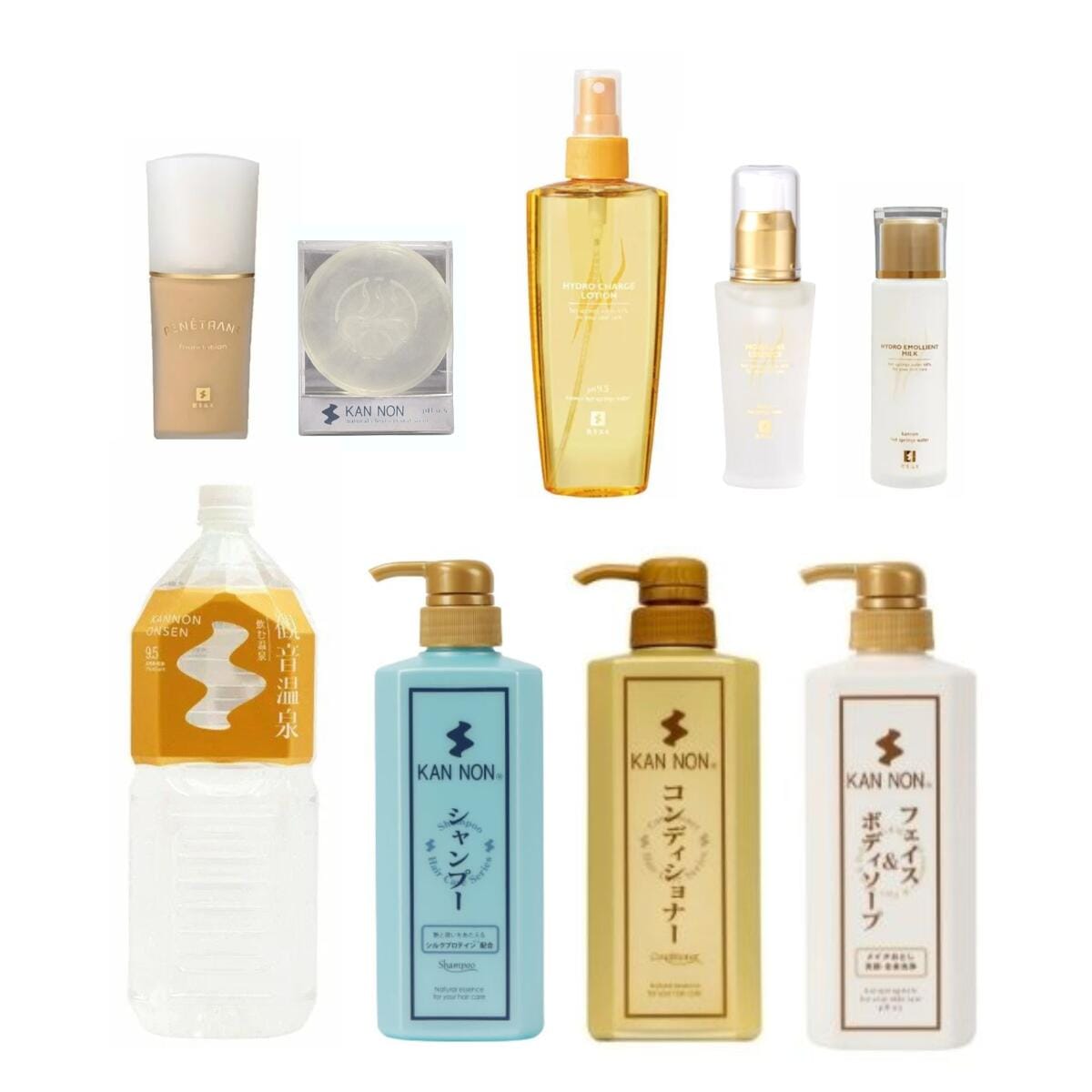 【観音温泉ファースト9点セット】 飲む温泉 2L×6本 温泉コスメ 化粧水 美容液 乳液 ソープ リキッドファンデ(ナチュラル) シャンプーコンディショナーフェイス＆ボディウォッシュ各詰め替え