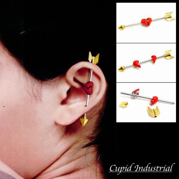 ボディピアス 14G キューピッド インダストリアル 14ゲージ 天使 矢 赤いハート 男性 女性