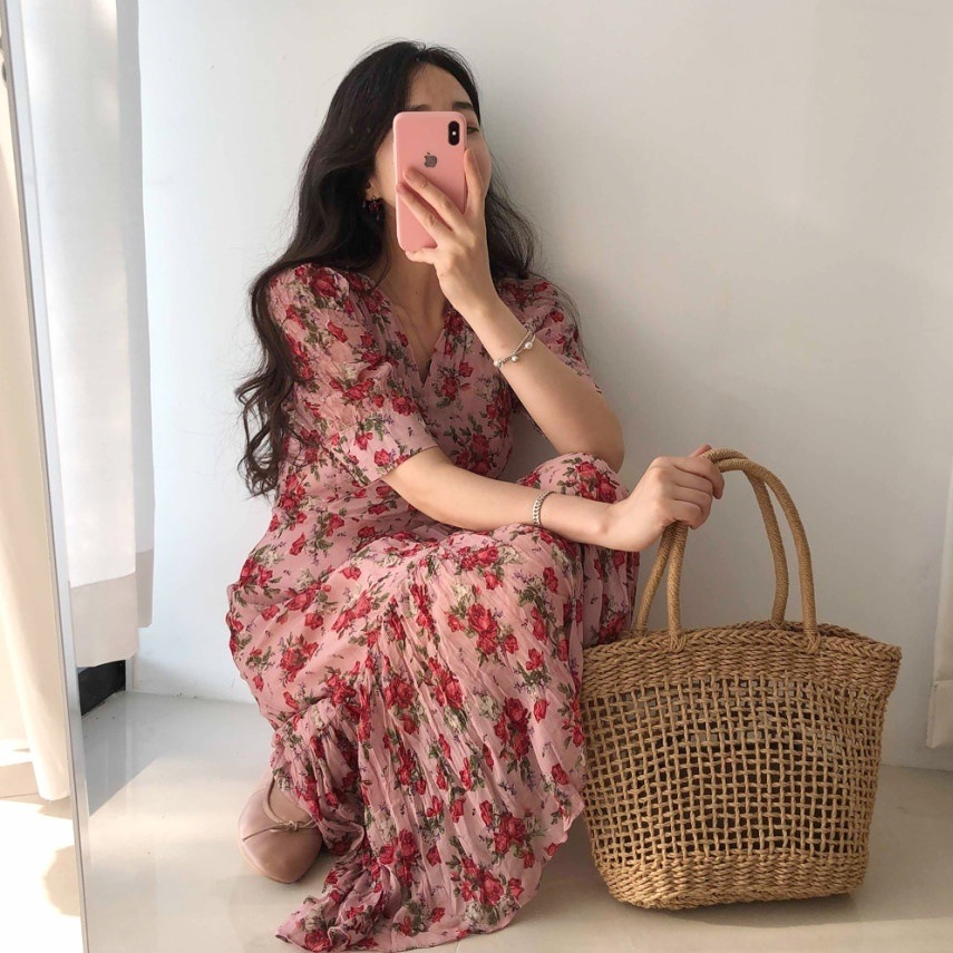 ワンピース ワンピドレス マキシ丈 カシュクール ストレート フリル ポリエステル かわいい