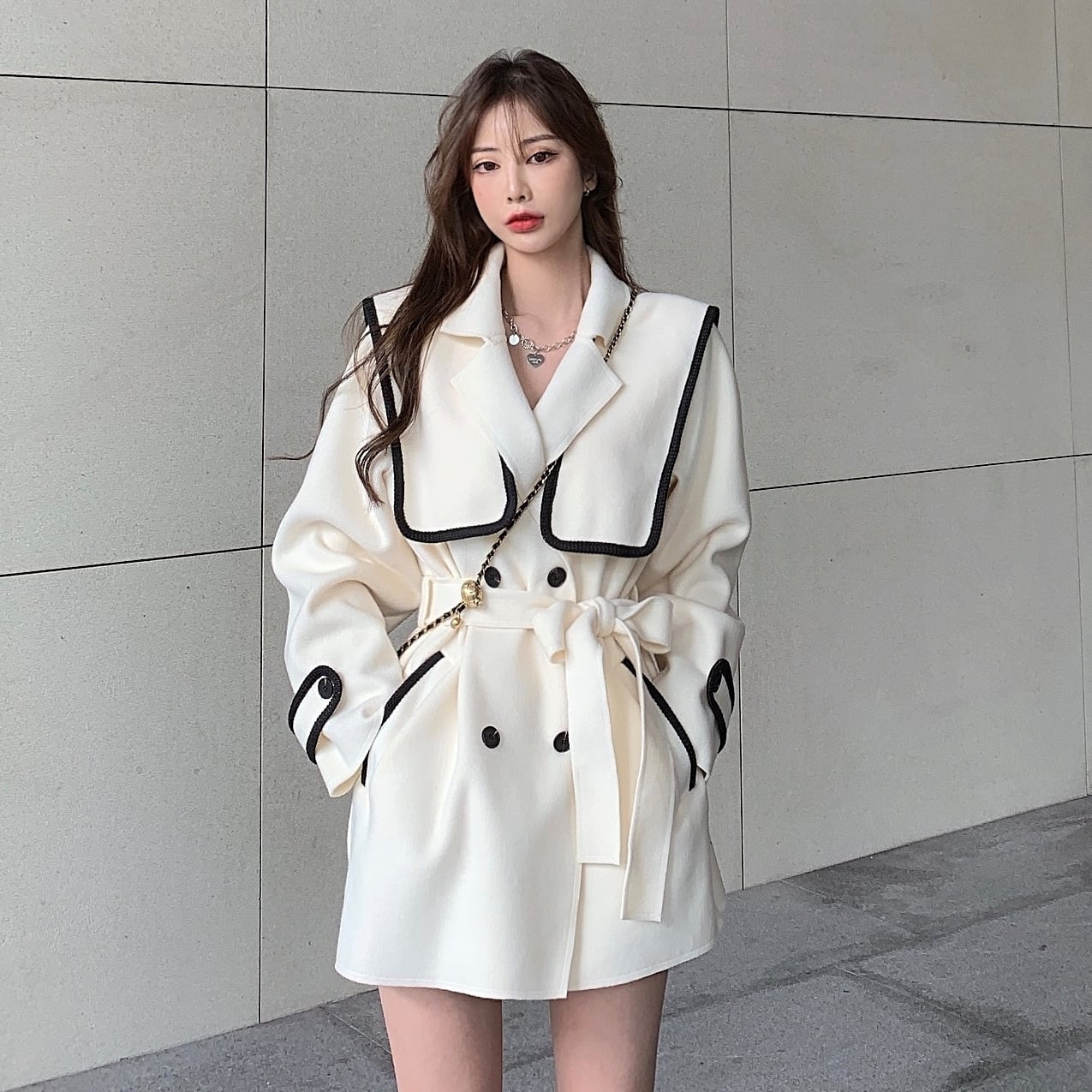 アウター コート ショート丈 襟付き ボタン ウエストリボン カジュアル シンプル 大人可愛い