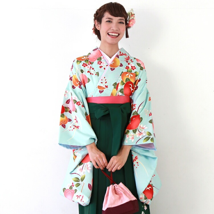 レンタル卒業式 袴 レンタル 女 袴セット 女 卒業式袴セット2尺袖着物＆袴 フルセットレンタル 安い 薄水色地にピンク橙赤の桃