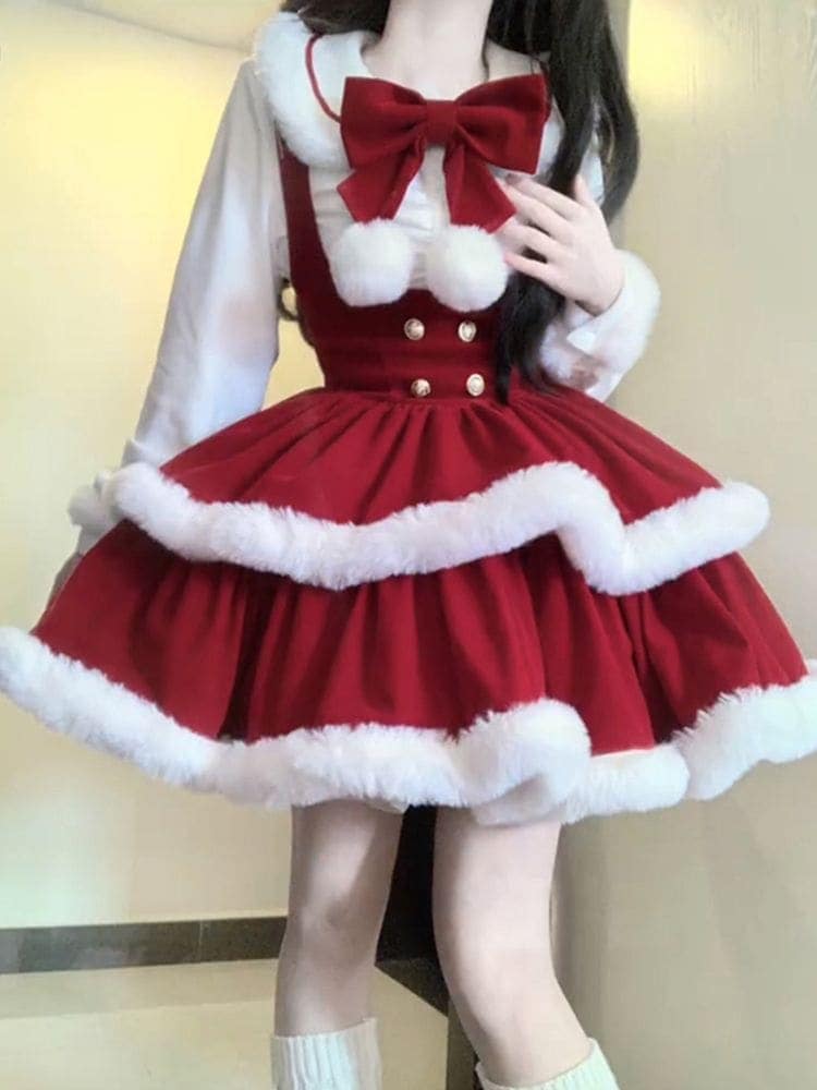 【3日出荷】サンタ コスプレロリータの甘くてかわいいお正月用ガウン女性バリドールネックトップスリボン赤いストラップスカート2点セット