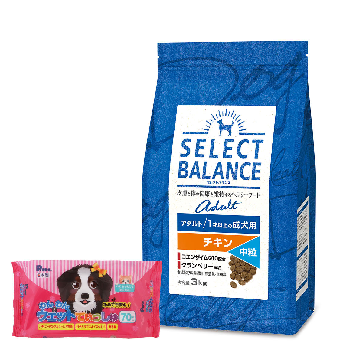 セレクトバランス アダルト チキン 中粒3kg【わんわんウエットてぃっしゅ1個付き】