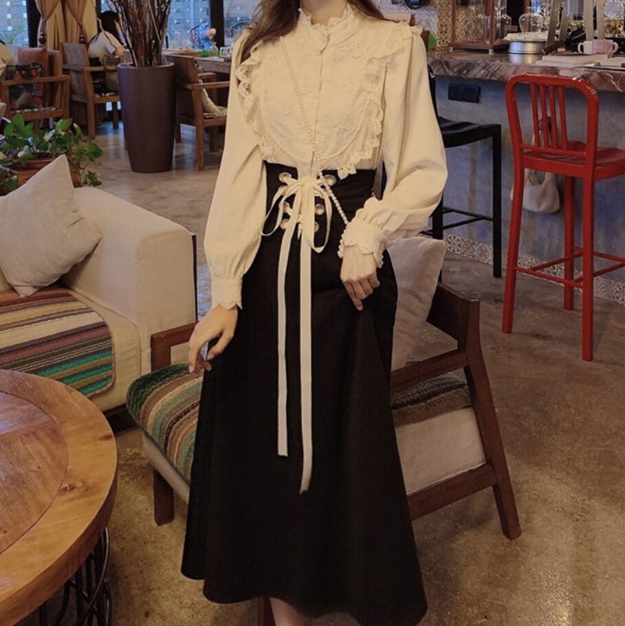 スカート シャツ レディース ミモレ ハイウエスト 長袖 フリル レース セットかわいい 大人可愛い きれいめ シンプル カジュアル 大人 上品 無地 春 秋 デート お出かけ トップス ボトムス
