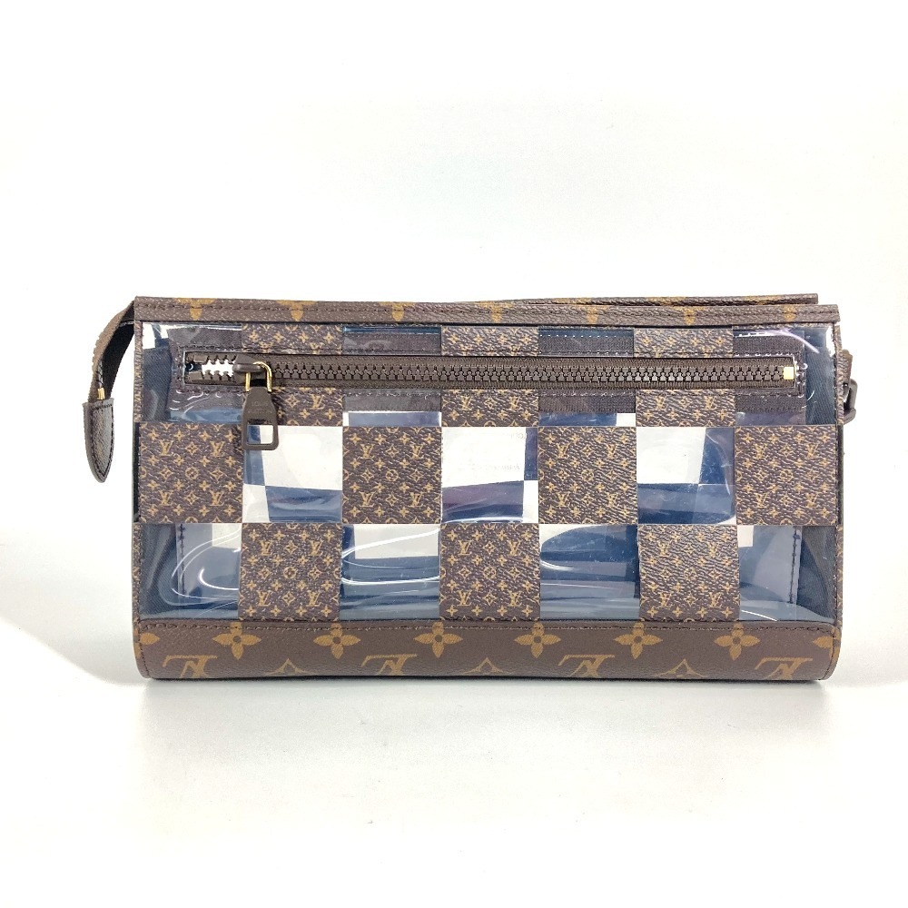 クラッチバッグ M81588 スタンド ポーチ モノグラム チェス ダミエ ポーチ カバン ストラップ付 ビニール ブラウン 84,700円