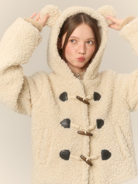 LOLOL 24AW フード付きホーンボタンコットンコート女性用プチショートラムウールコート女性 2024 冬