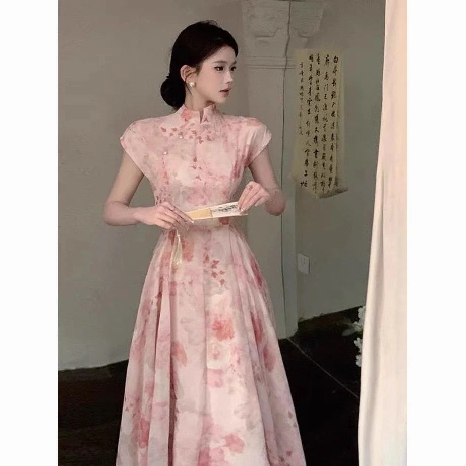 新中国式改良ピンクのチャイナドレスのワンピース 母の日のプレゼント