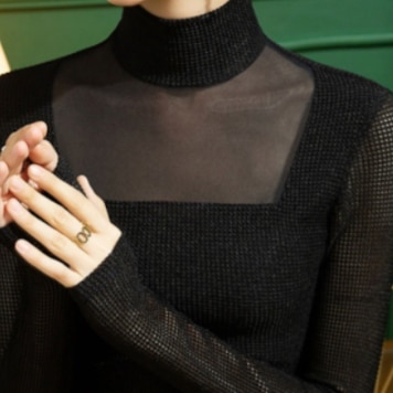 長袖カットソー トップス プルオーバー モダン ブラック 黒 レギュラー丈 袖あり 長袖 ハイネック