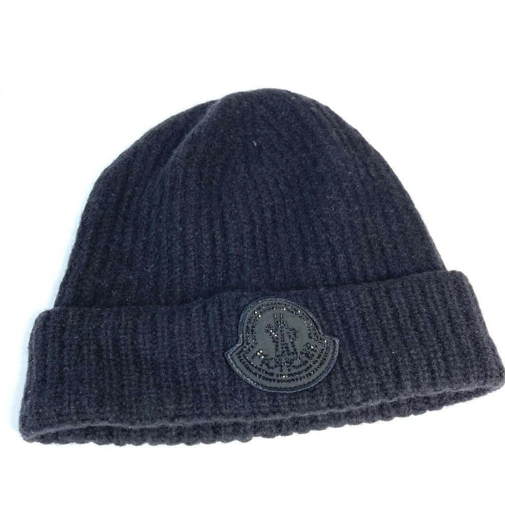 MONCLER モンクレール ニット帽 ラインストーン ロゴ ビーニー 帽子 ニット帽 ニットキャップ ウール ブラック