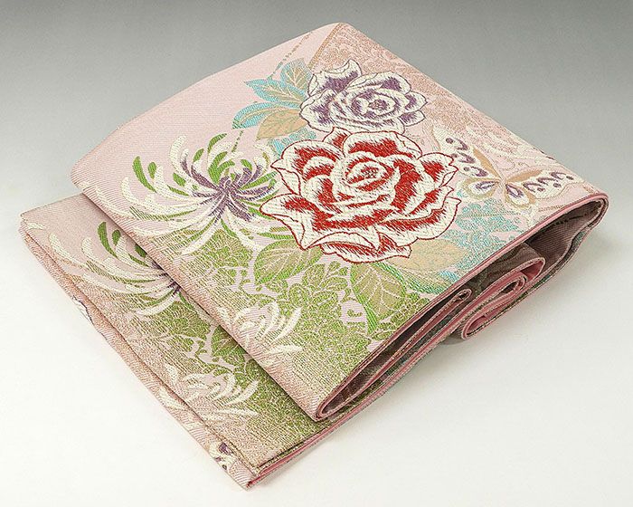 袋帯 菊薔薇蝶々模様 振袖用 リサイクル 中古 フォーマル 礼装用 パーティー 着物 g0845