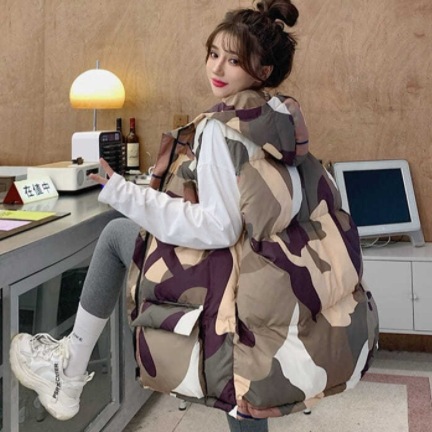 カモフラ柄ベスト トップス アウター ベスト ロング ノースリーブ かわいい カジュアル おしゃれ