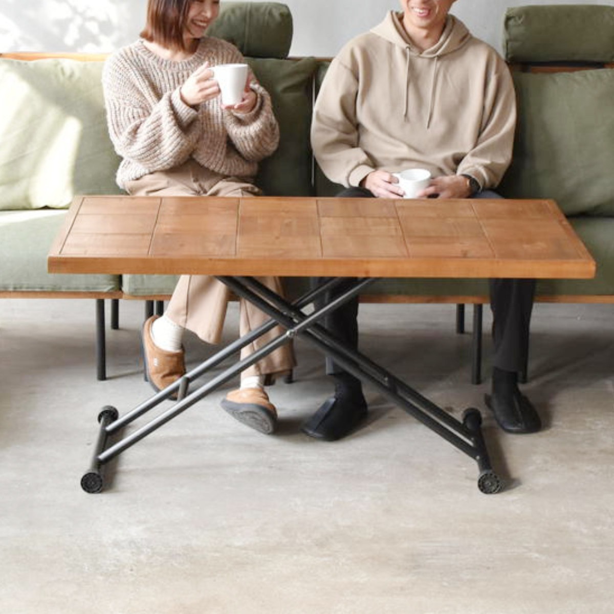 ダイニングテーブル 昇降式 幅122.5cm infinite テーブル キャスター付き 高さ調節 木製 杉 天然木 古材風 コンパクト 収納 センターテーブル リビングテーブル