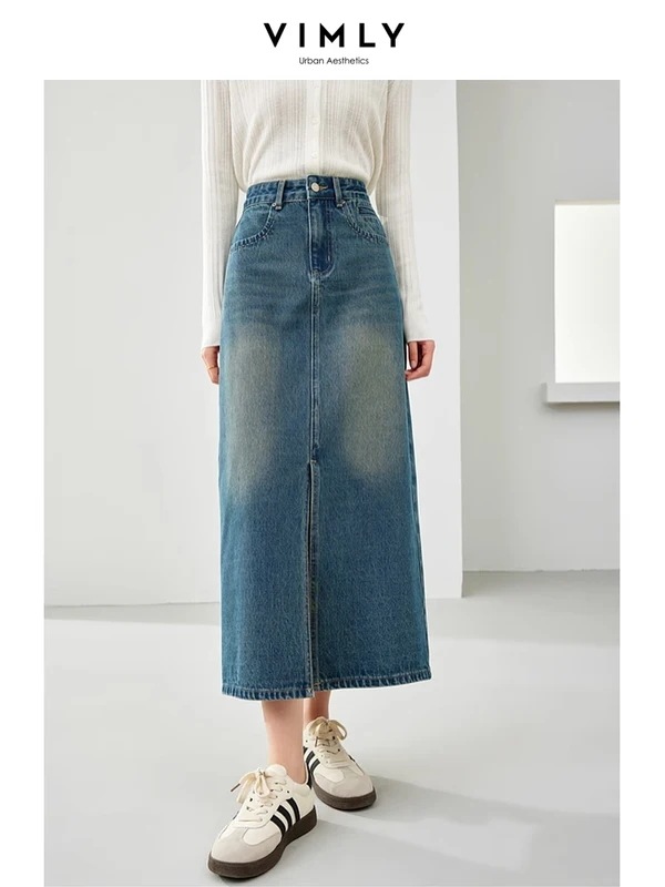 納期1~3週間程：Vimly-レディースストレートデニムスカート,ロングスリットスカート,カジュアル,コットンウェア,ヴィンテージ,春,72865, 2024
