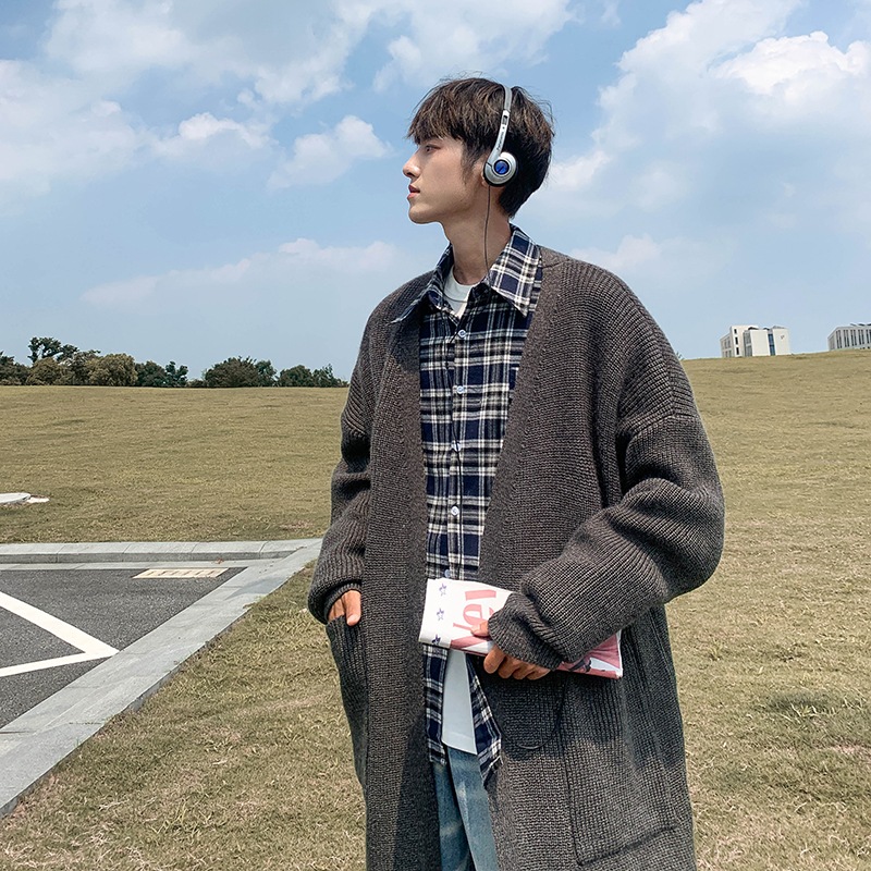 韓国の怠惰なレトロなミッドレングスのジャンパーの男性は膝の上にカーディガン緩いジャケットの2023新しいシニア感覚