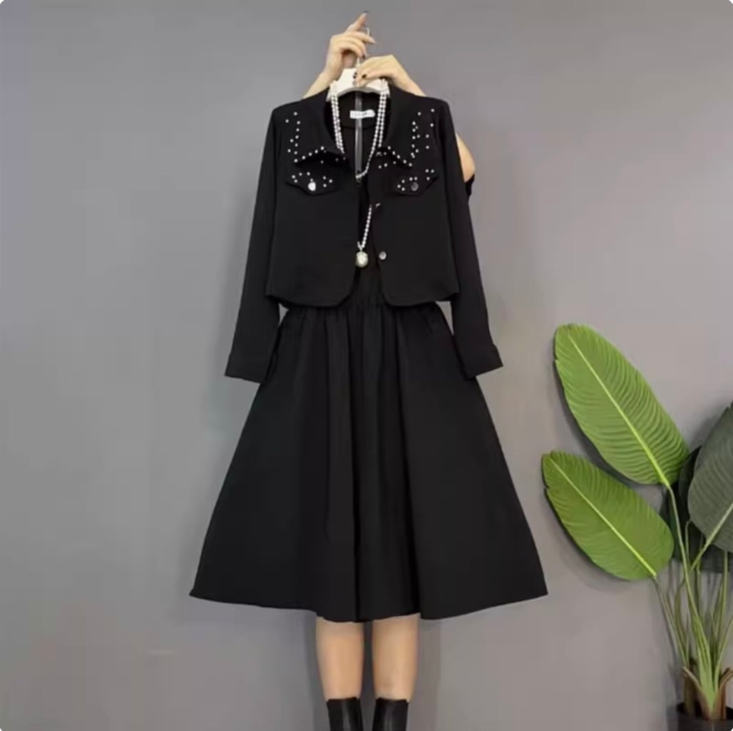 レディース トップス ワンピース スーツ セットアップ 上着 デート ワンピドレス ロング ロング丈 袖あり 長袖 襟なし セミフレア Aライン 伸縮性 かわいい 大人可愛い きれいめ シンプル