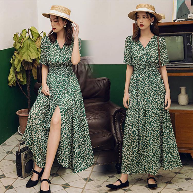 ワンピース レディース 40代 キレイめ マキシワンピース 春夏半袖ワンピース 花柄シフォン vネック ロングフレアスカートひざ下 オシャレ ボヘミア風 30代