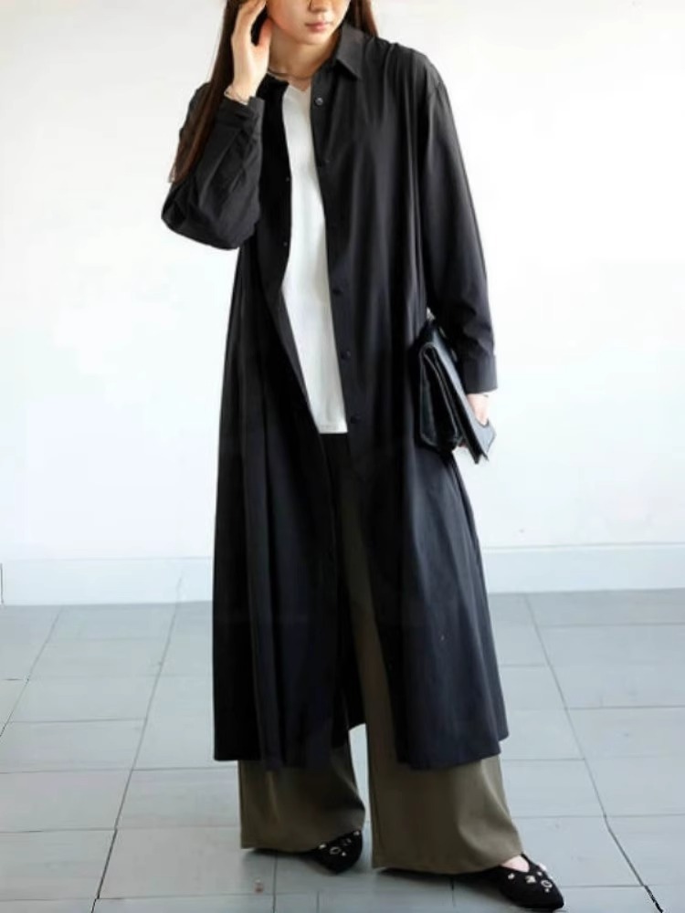 レディース ワンピース シャツ アウター 上着 シャツワンピ ロング アンクル丈 丈長 長袖 Vネック 襟付き 角襟 セミフレア Aライン 2way ボタン 中厚手 大人可愛い きれいめ シンプル