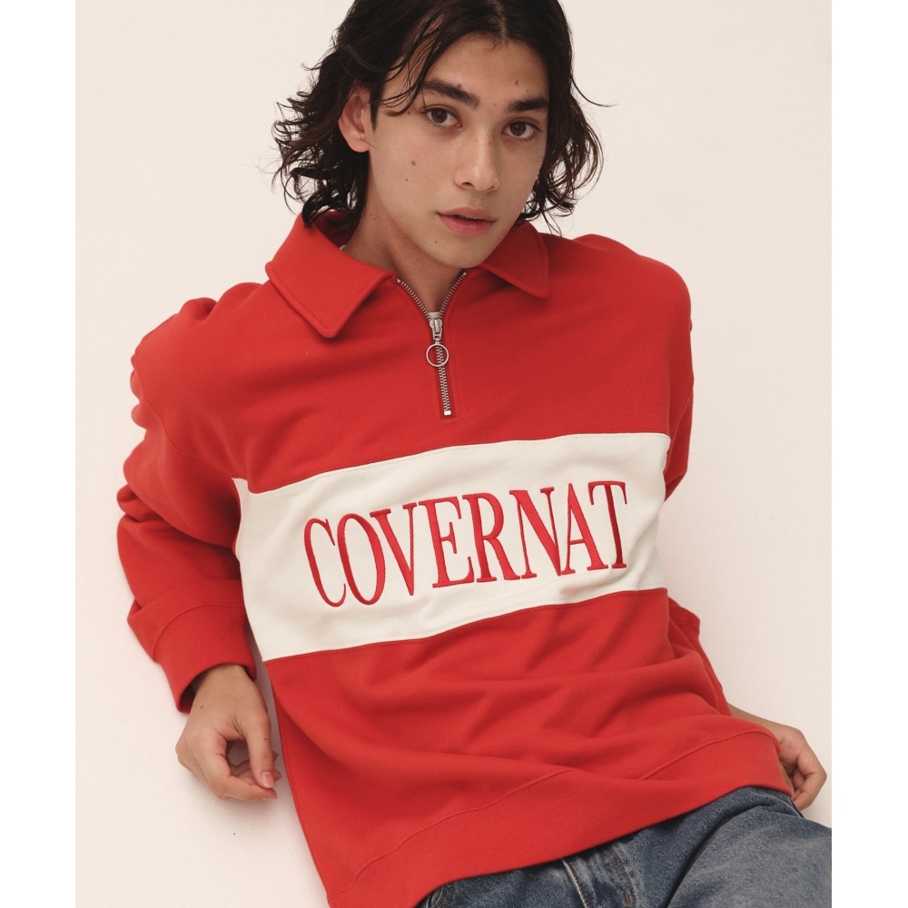 COVERNAT ブロックカラーハーフジップアップスウェットシャツレッド