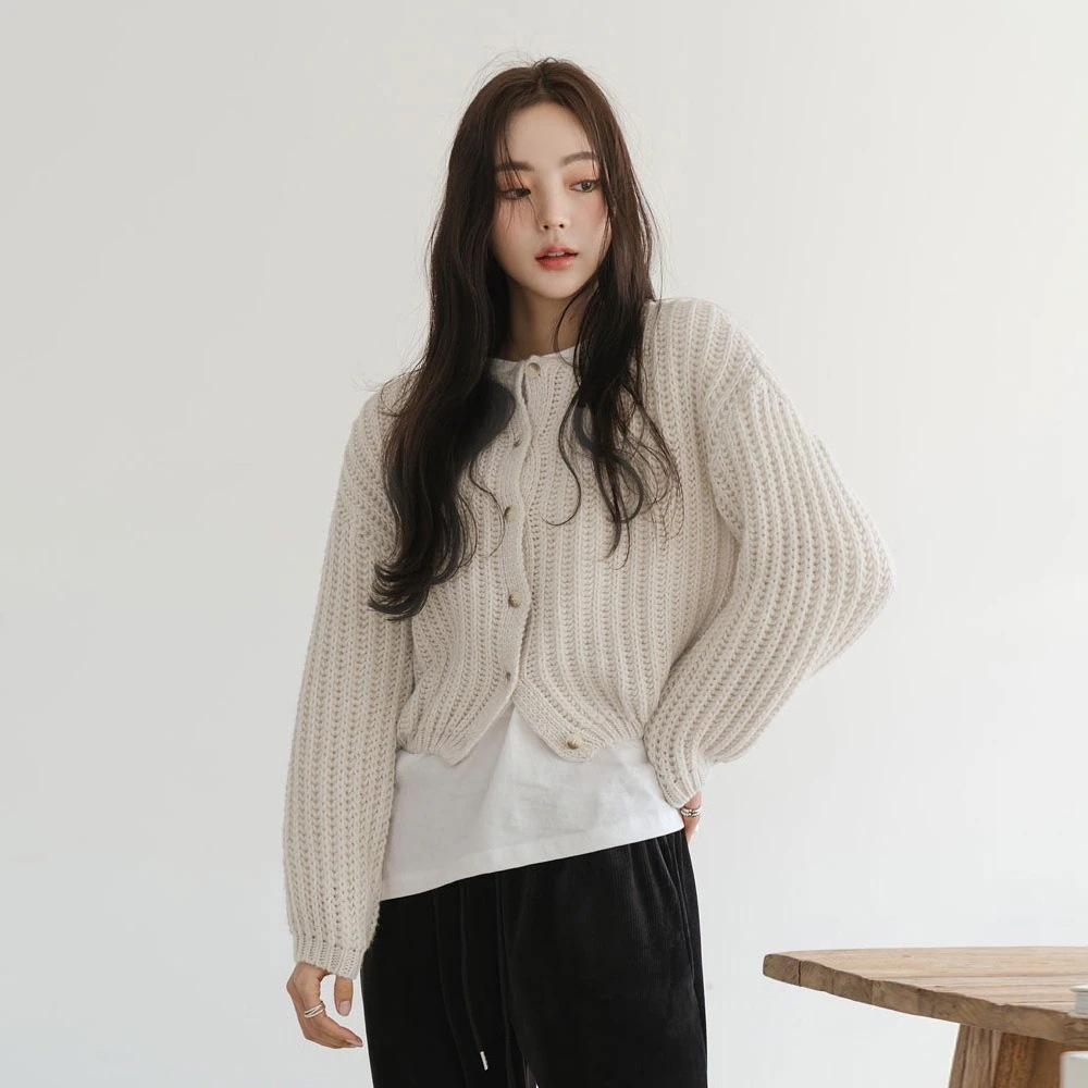 ボリューム袖畦編みカーディガン