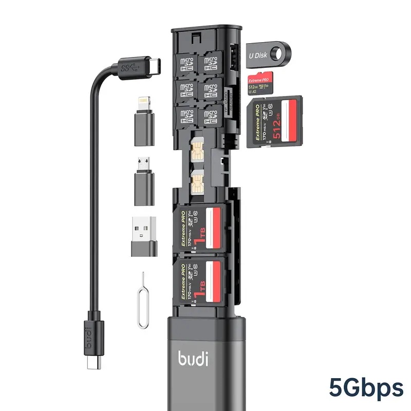 納期21日Budi-多機能スマートアダプターカード,収納,データケーブル,ユニバーサルUSBボックス,iPhone,Samsung,ランニング用,512GB