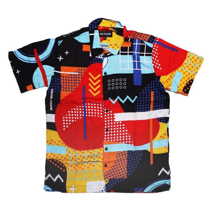 REASON 半袖シャツ メンズ 春夏用 赤 大きいサイズ リーズン 柄シャツ アロハシャツ おしゃれ かっこいい グラデーション 総柄 大人 ドット 波線 丸